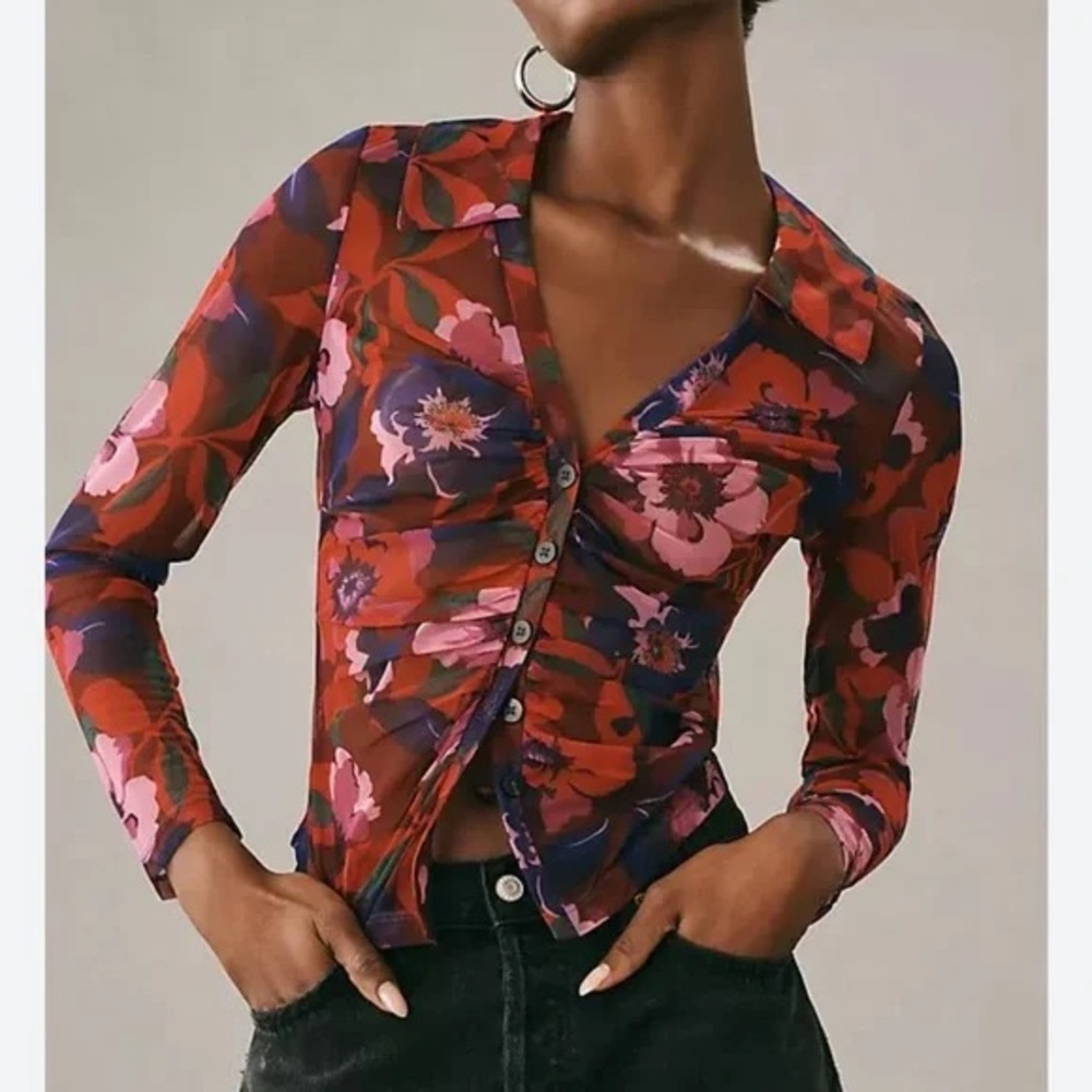 NWT Maeve Anthropologie Sheer long Sleeve blouse button down ruched new